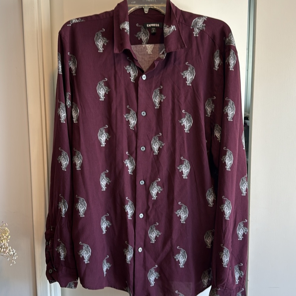 Express Men's Burgundy Shirt with Tiger Print